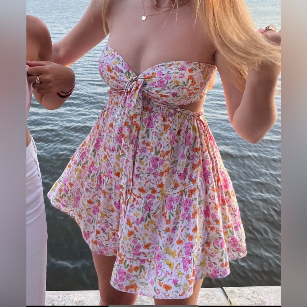 Pink and Orange Strapless Mini Sundress for Wedding Guest